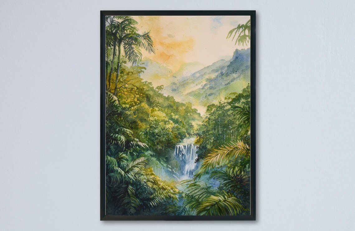 Costa Rica Rainforest Waterfall Golden Sunset Jungle Watercolor Poster