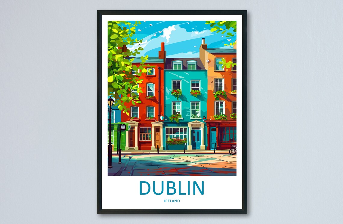 Dublin Ireland Colorful Georgian Townhouses Street Scene Travel Poster