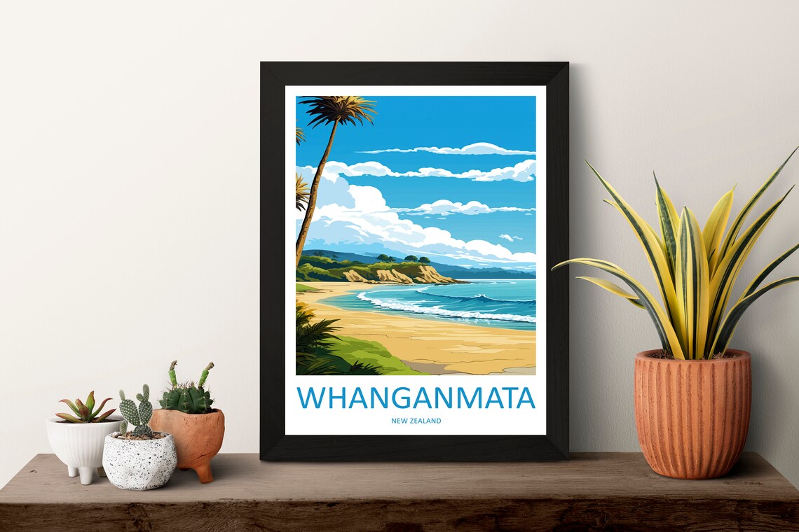 Whanganmata New Zealand Leaning Palm Golden Surf Beach Poster - Image 3