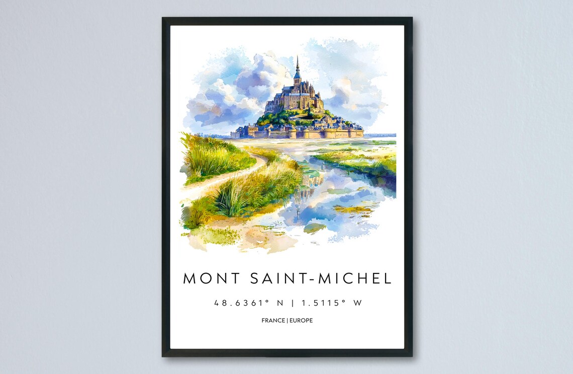 Mont Saint-Michel France Watercolor Travel Poster Abbey Island View