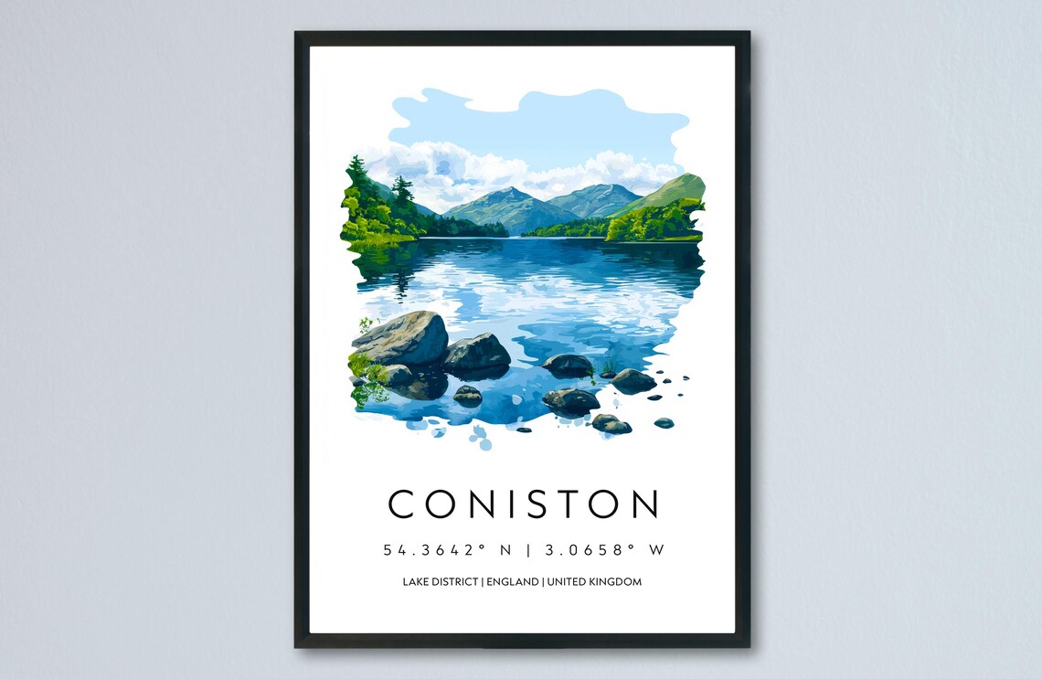 Coniston Lake District Mountain Lake Rocky Shore Watercolor Poster