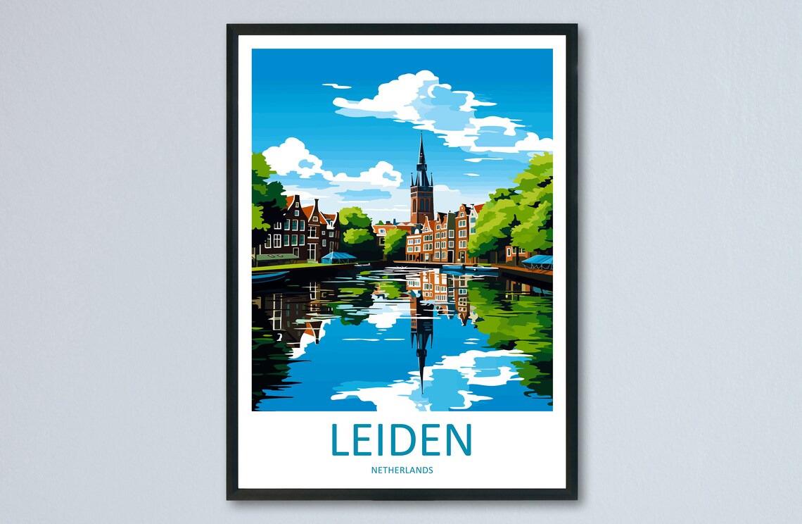 Leiden Netherlands Canal Church Tower Reflection Retro Travel Poster