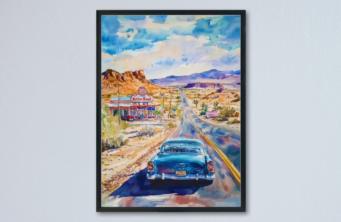 Route 66 Watercolor Poster, USA Travel Art Print