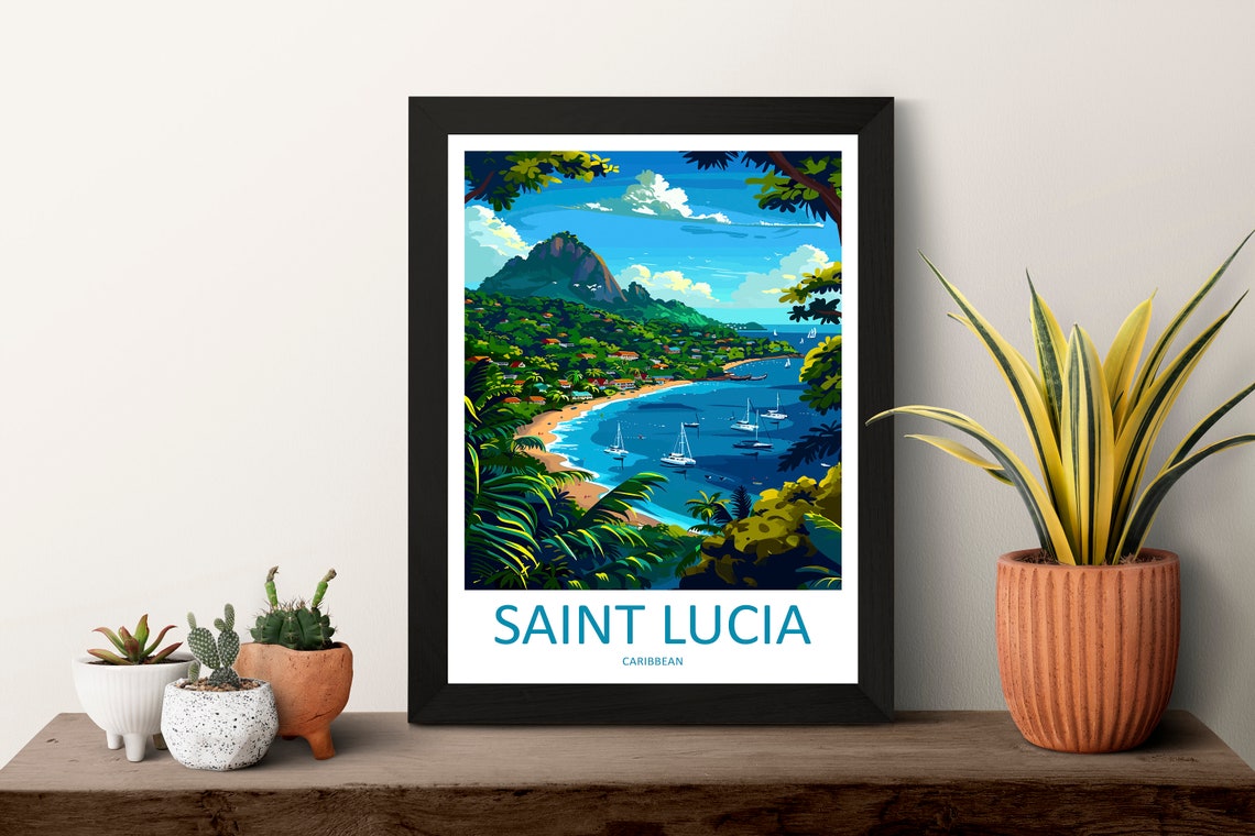 Saint Lucia Caribbean Lush Bay Sailboats Volcanic Peak Travel Poster - Image 3