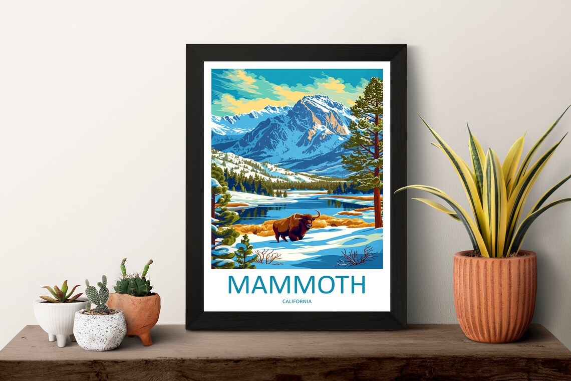 Mammoth California Snowy Mountain Bison Winter Lake Travel Poster - Image 3