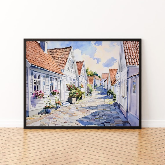 Stavanger Old Town White Wooden Houses Cobblestone Street Watercolor Poster