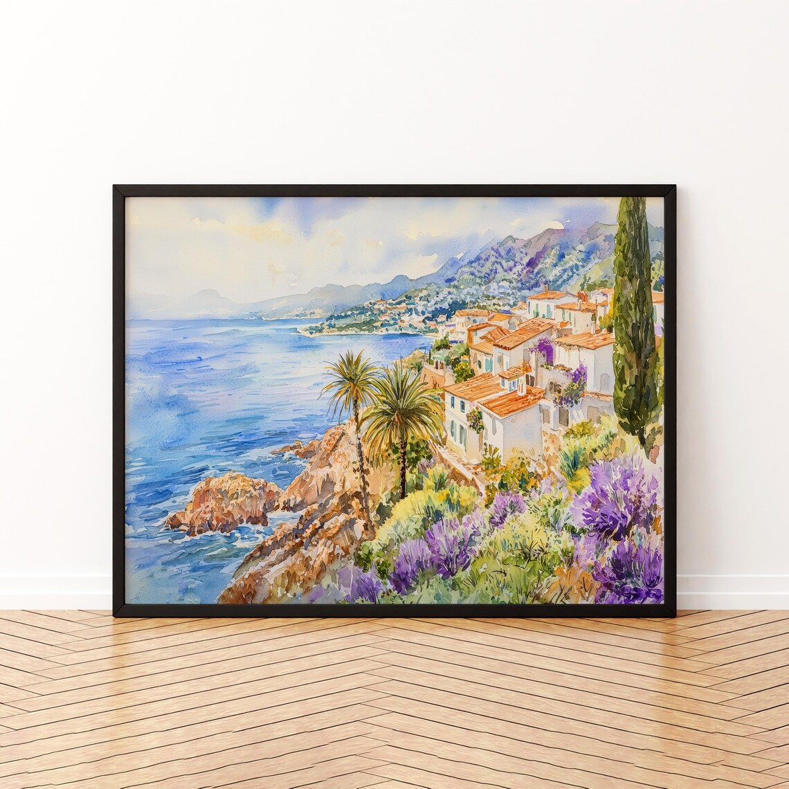French Riviera Watercolor Poster, Coastal Scenery