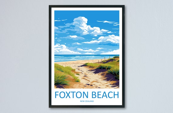 Foxton Beach Travel Poster, New Zealand Wall Decor