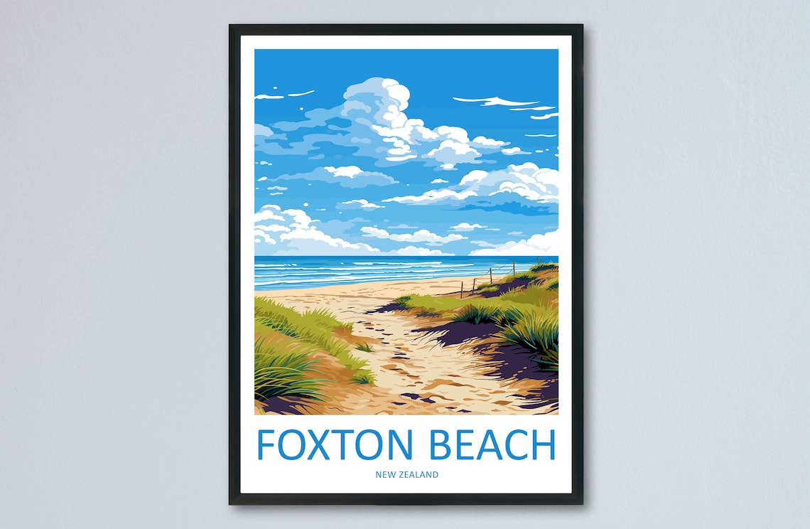Foxton Beach Travel Poster, New Zealand Wall Decor