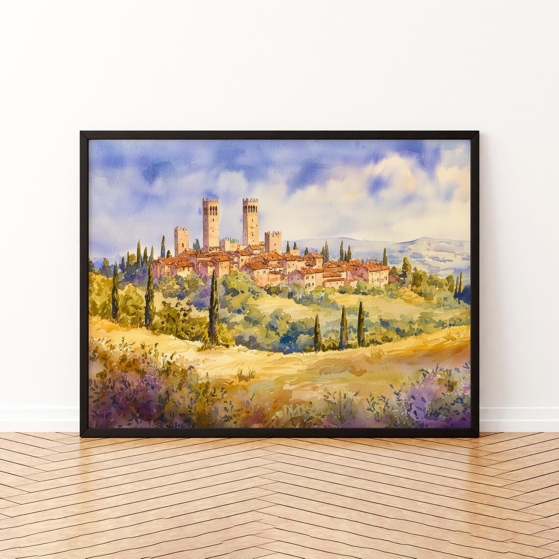 San Gimignano Watercolor Poster, Italy Landscape