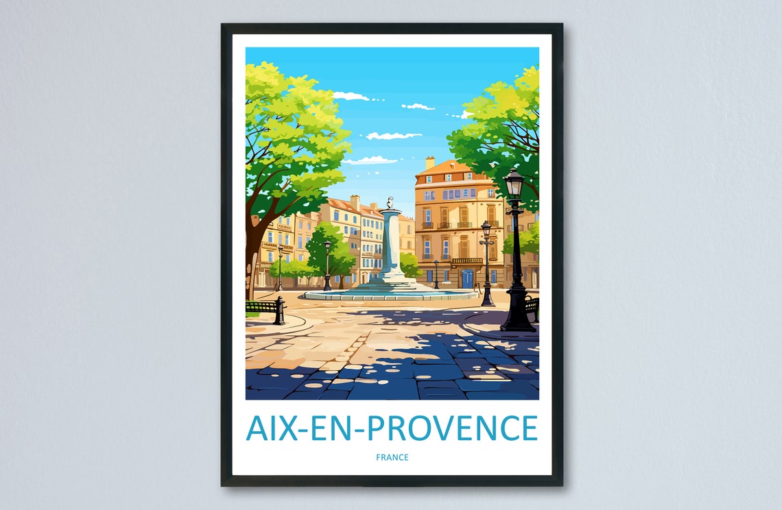 Aix-en-Provence France Fountain Plaza Tree Lined Travel Poster