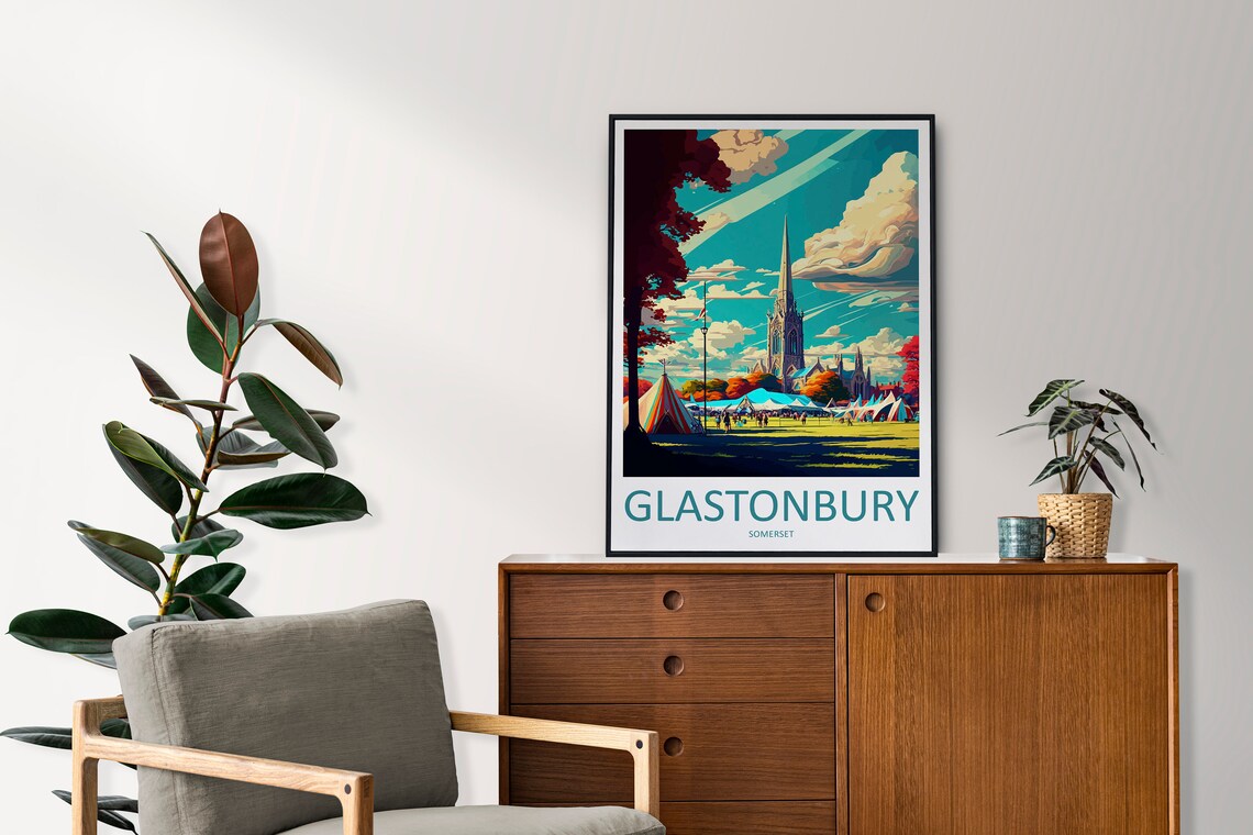 Glastonbury Somerset Summer Festival Tents Church Spire Art Poster - Image 2