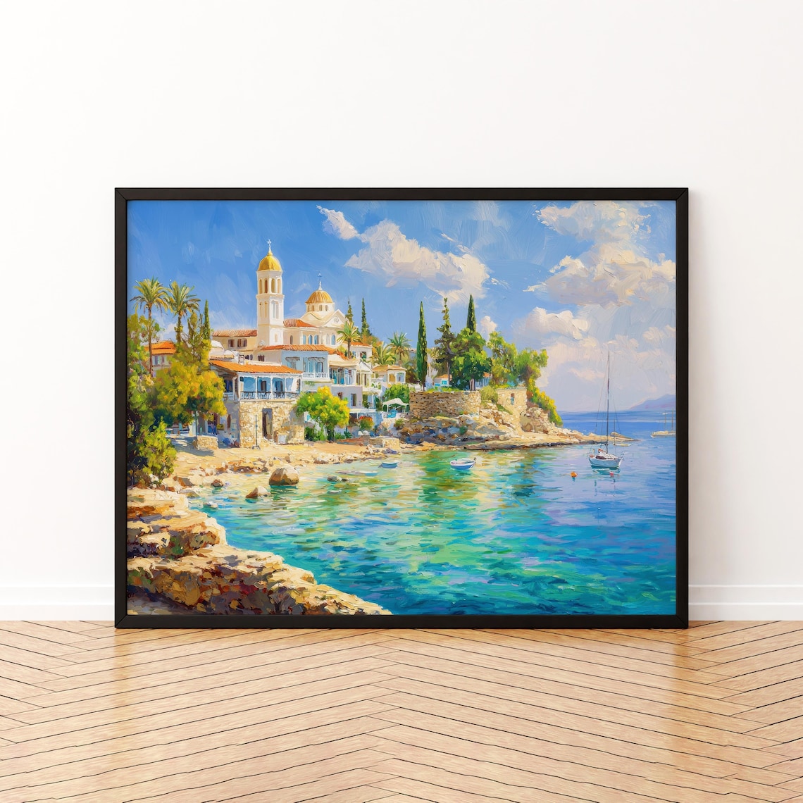 Paphos Cyprus Coastal Church Seaside Watercolor Landscape Poster