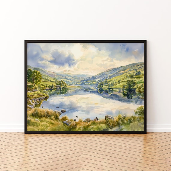 Ambleside England Watercolor Travel Poster, Lake District