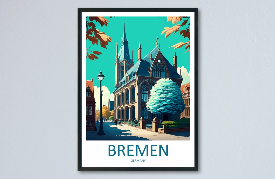 Gothic Bremen Landmark Church Under A Teal Autumn Sky Poster