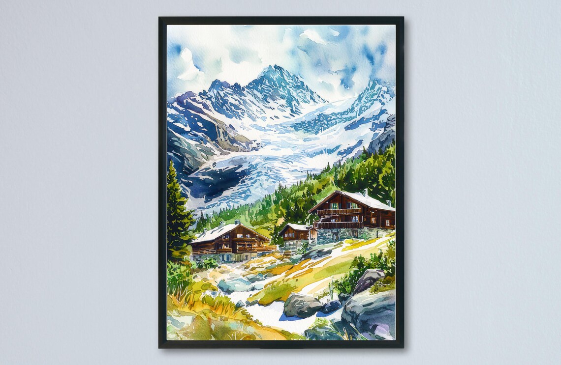 Saas Fee Switzerland Glacier Chalets Alpine Village Watercolor Poster