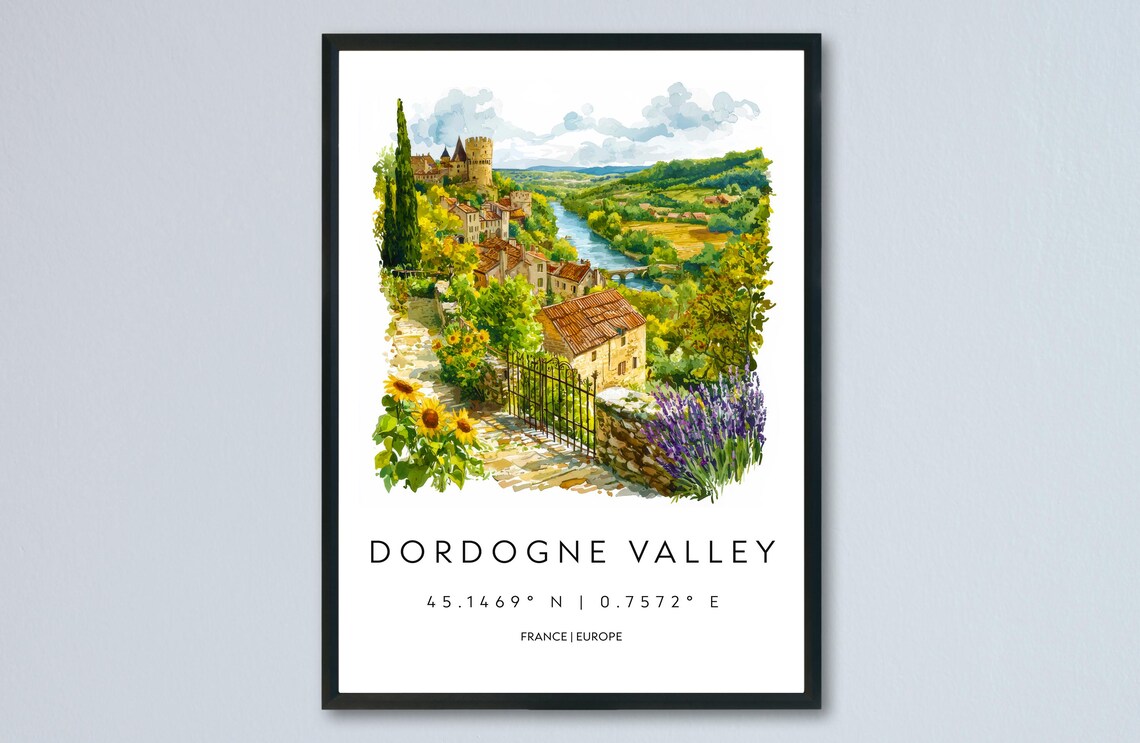 Dordogne Valley France River Village Castle Watercolor Poster