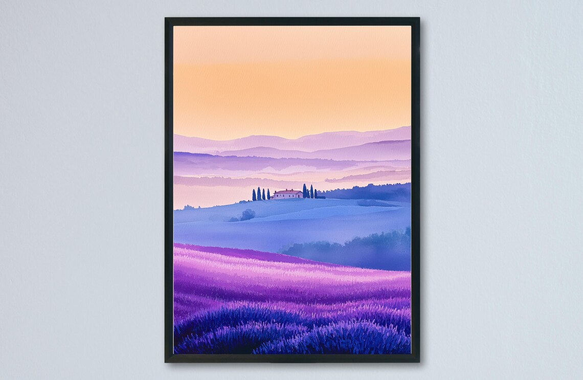 Provence Watercolor Travel Poster, Lavender Field Landscape
