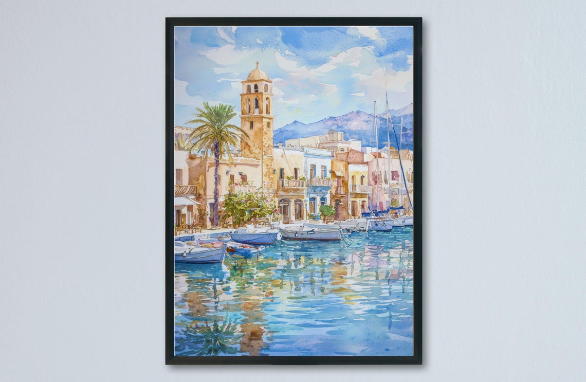 Rethymno Crete Watercolor Harbor Poster Clock Tower Boats Seaside