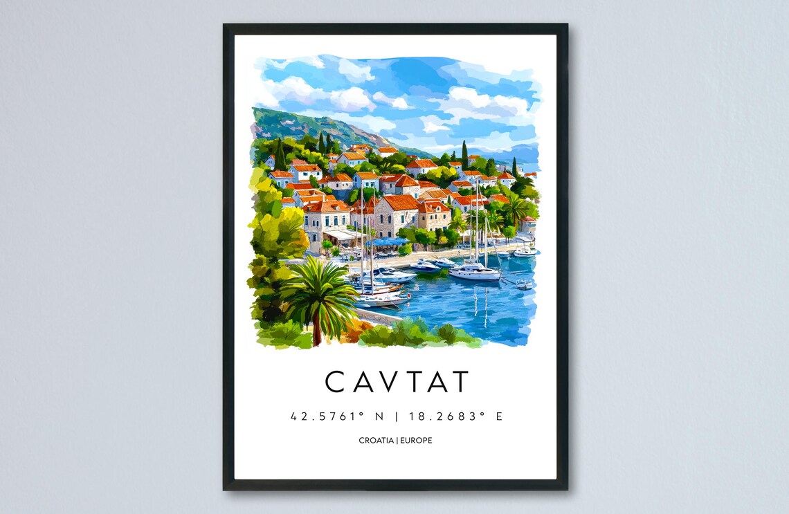 Cavtat Seaside Sailboats Croatia Scenic Watercolor Travel Poster