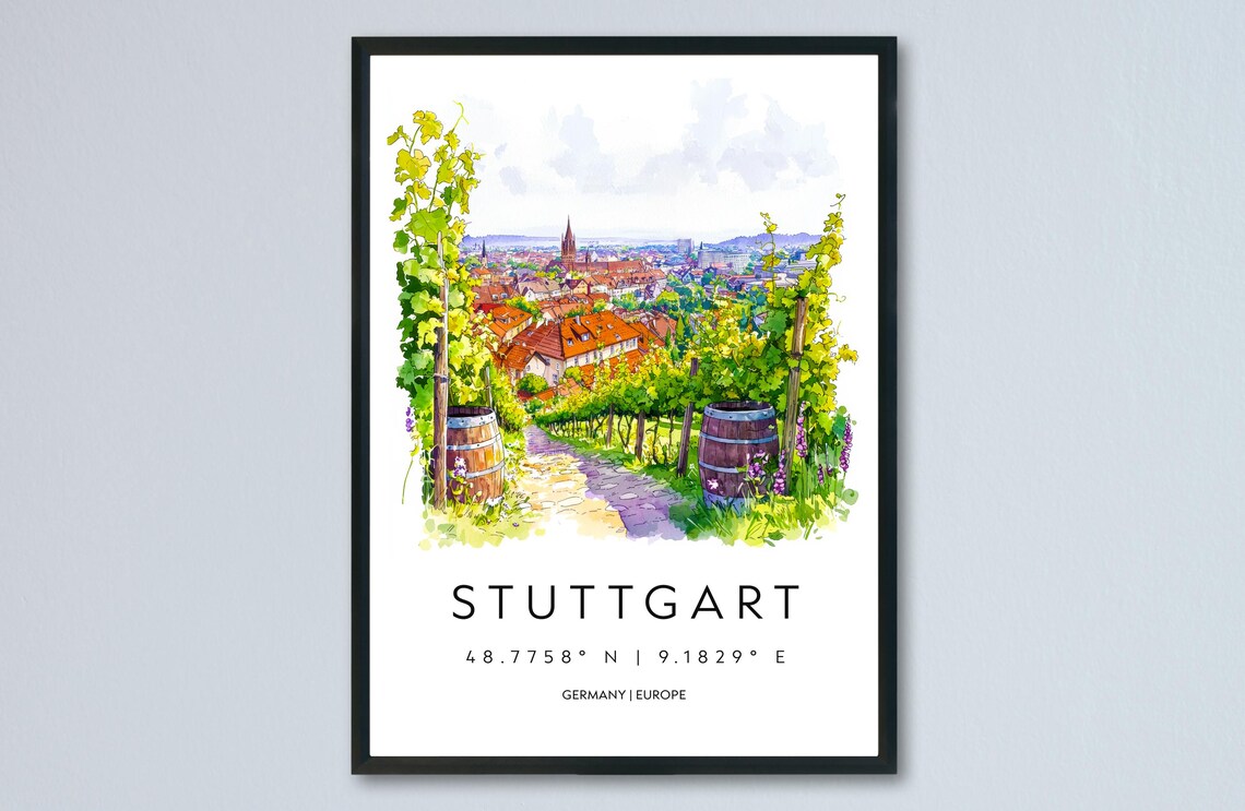 Stuttgart Watercolor Germany Vineyard Path City View Travel Poster