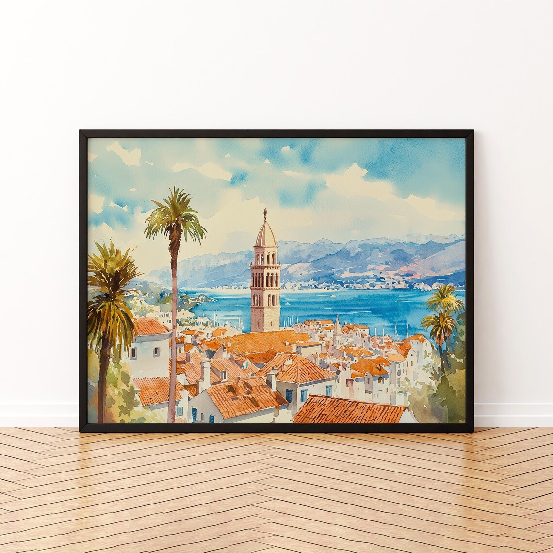 Split Croatia Watercolor Poster Bell Tower Old Town Seaside Travel Art