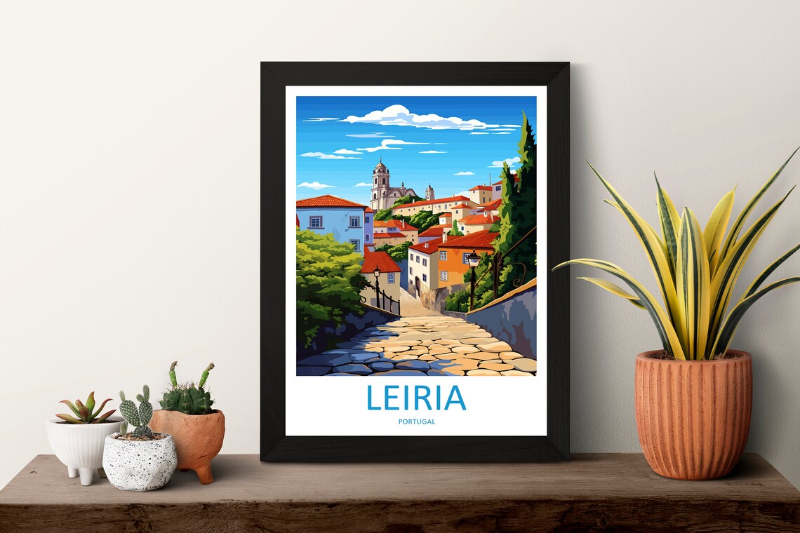 Leiria Portugal Hilltop Town Cobblestone Lane Scene Travel Poster - Image 3