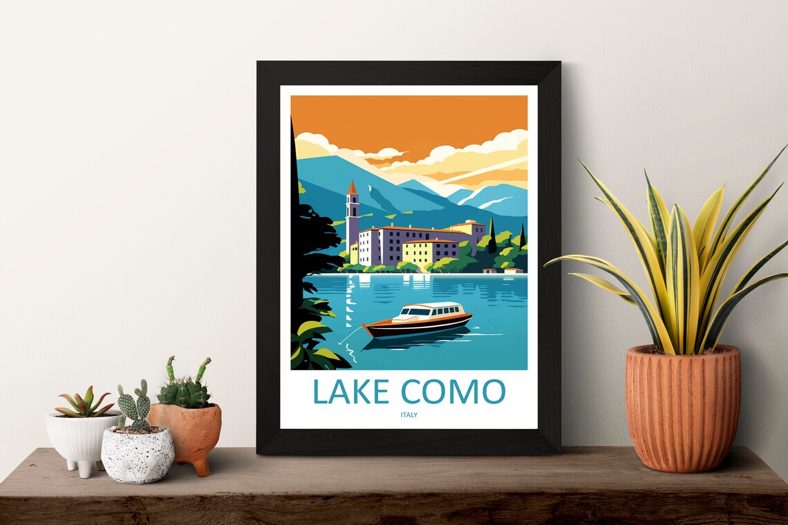 Lake Como Italy Lakeside Village Sunset Boat Romantic Travel Poster - Image 3