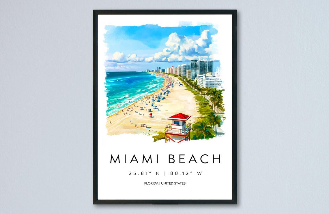 Miami Beach Florida Watercolor Lifeguard Tower Coast Art Travel Print