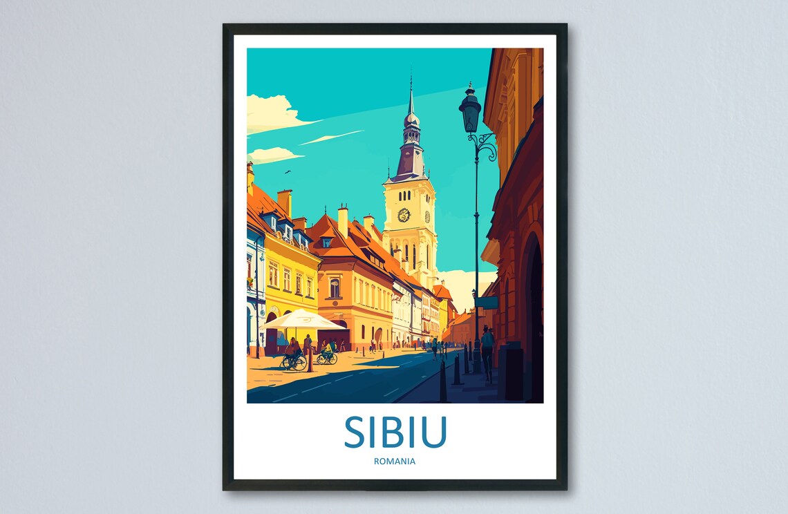 Sibiu Romania Old Town Church Tower Historic Street Travel Poster