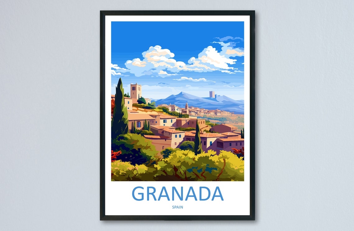 Granada Cypress Hillside Old Town And Mountains Spain Travel Poster