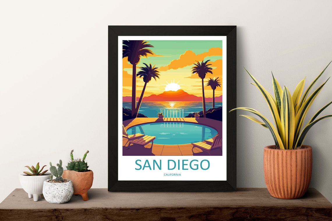 San Diego California Poolside Palm Trees Sunset Over Ocean Poster - Image 3