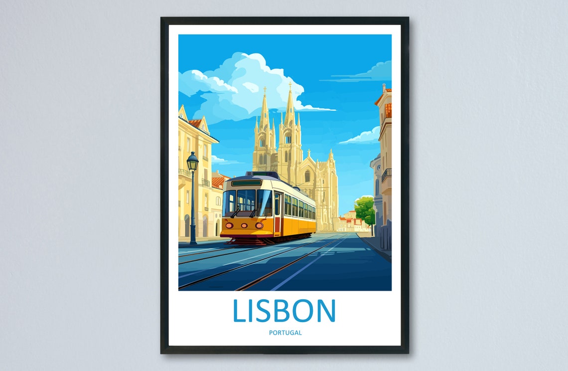 Lisbon Portugal Modern Tram Church Square Travel Poster Artwork