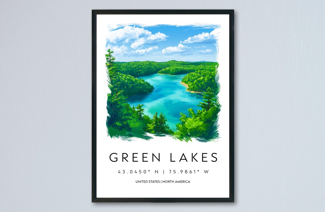 Green Lakes State Park Turquoise Lake Watercolor Travel Poster