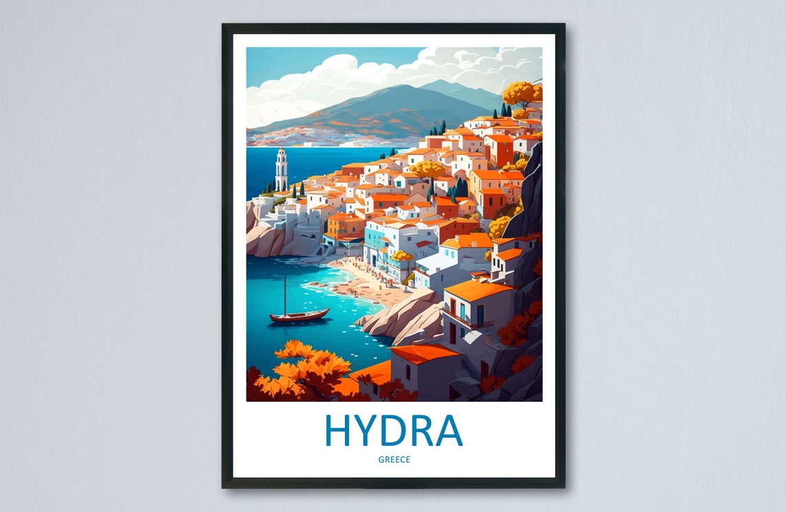 Hydra Greece Whitewashed Hillside Town Harbor Sailboat View Poster