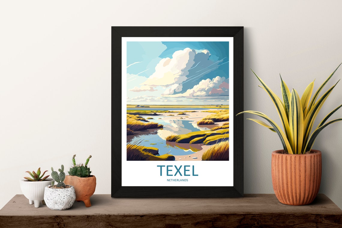 Texel Netherlands Coastal Wetland Reeds Still Water Cloudy Sky Poster - Image 3