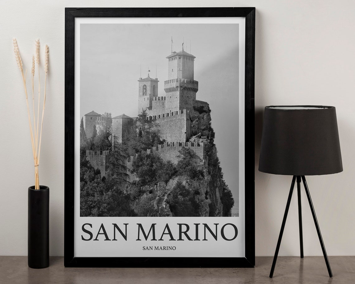 San Marino Fortress Cliffside Black and White Photography Print - Image 3