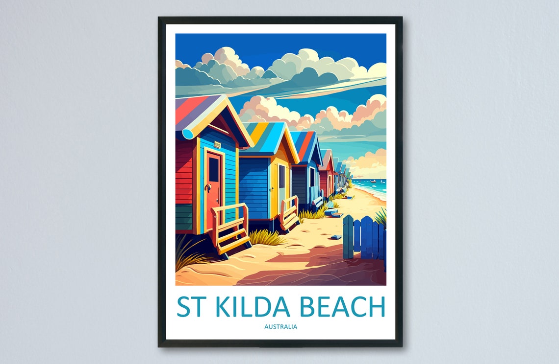 St Kilda Beach Melbourne Colorful Rainbow Bathing Boxes Poster