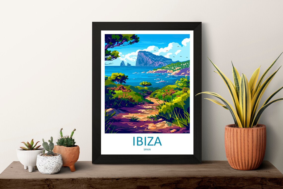Ibiza Spain Mediterranean Cove Rocky Islet Sailboats Travel Poster - Image 3