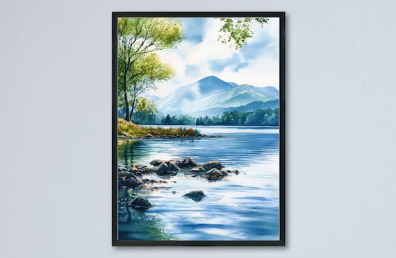 Derwentwater Lake District Shoreline Rocks Misty Fells Watercolor Poster