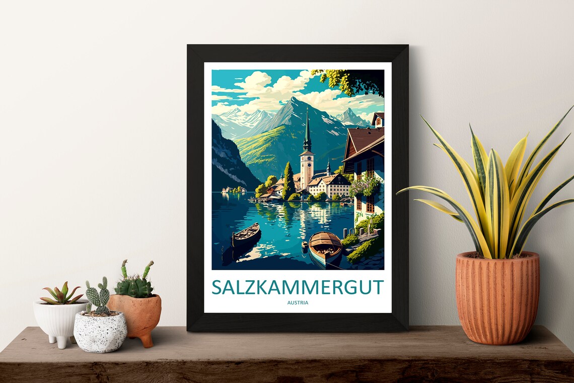 Salzkammergut Austria Lakeside Village Alpine Lake Boats Travel Poster - Image 3