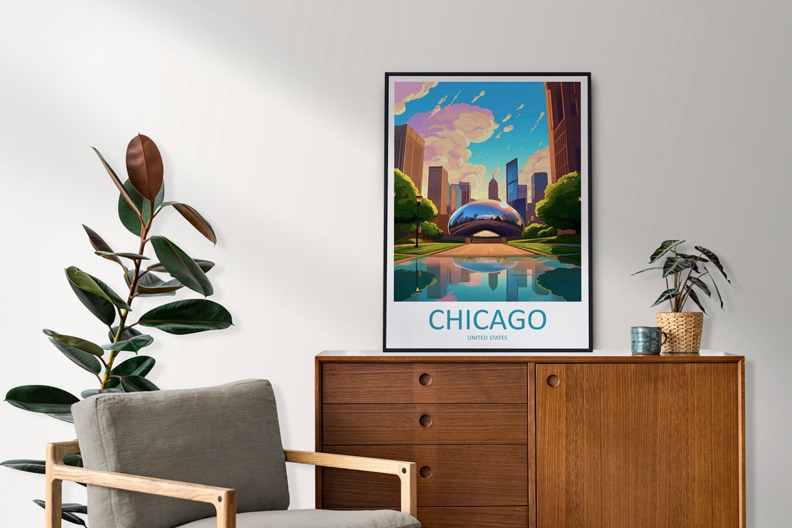 Chicago Cloud Gate Bean Poster at Millennium Park with Skyline - Image 2