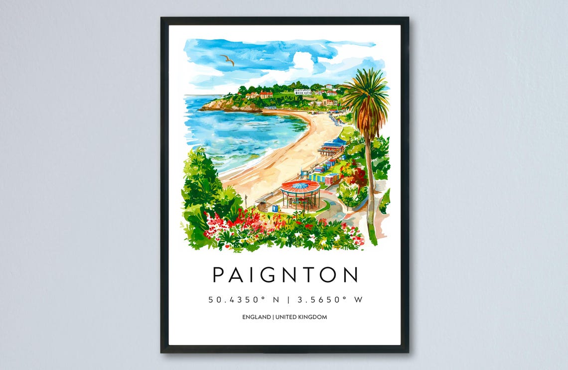 Paignton Devon Sandy Beach Palm Trees Seaside Resort Art Poster