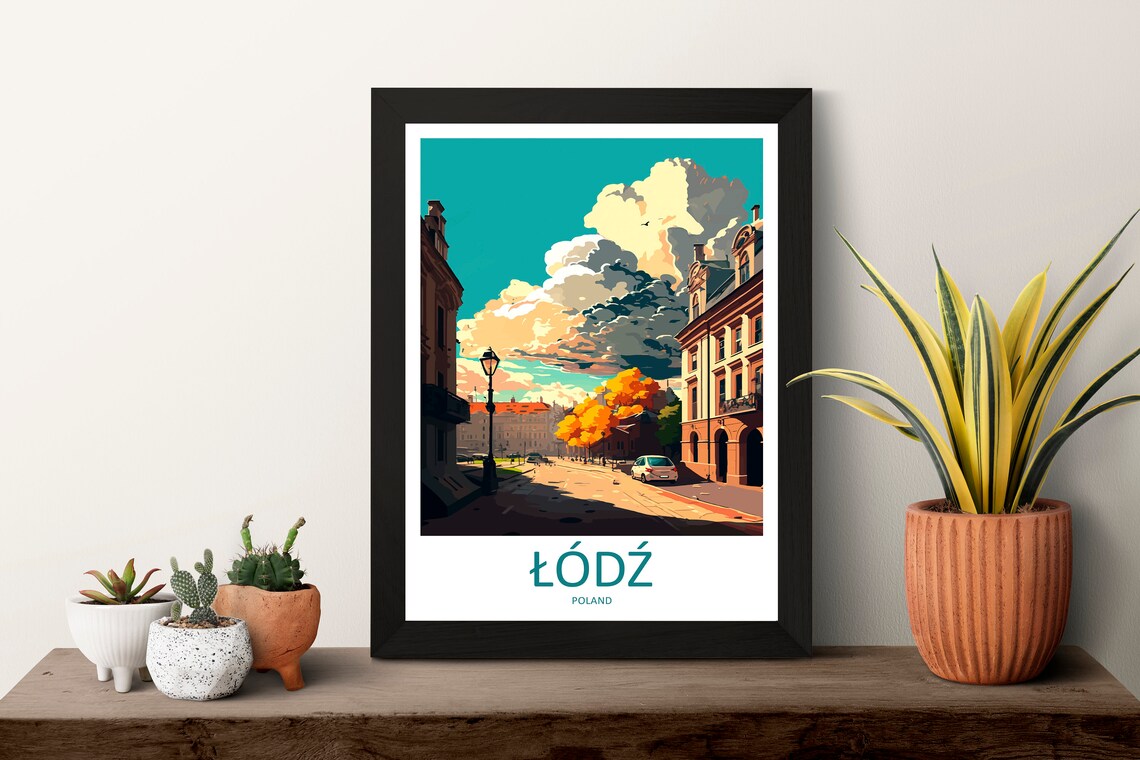 Lodz Poland Autumn Street Scene Vintage Travel Illustration Poster - Image 3