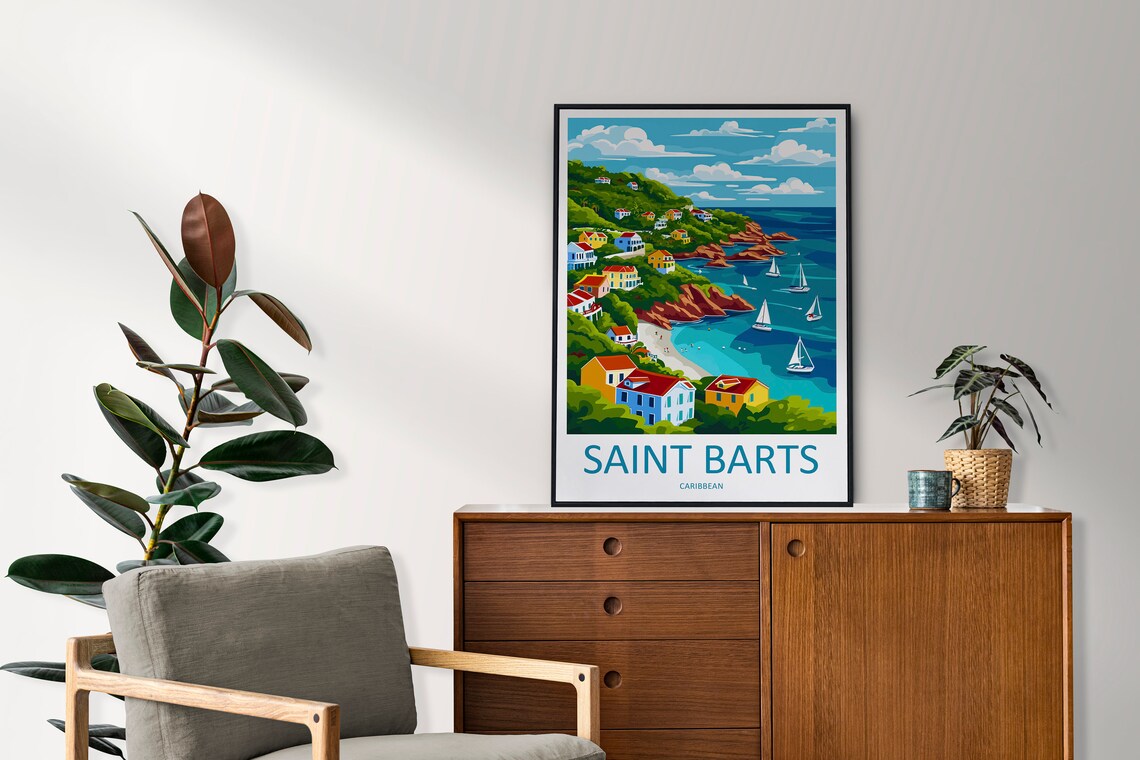 Saint Barts Caribbean Coastal Hills Sailboats Retro Travel Poster - Image 2