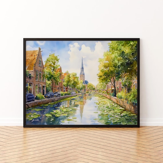 Delft Netherlands Watercolor Travel Poster, Historic Town
