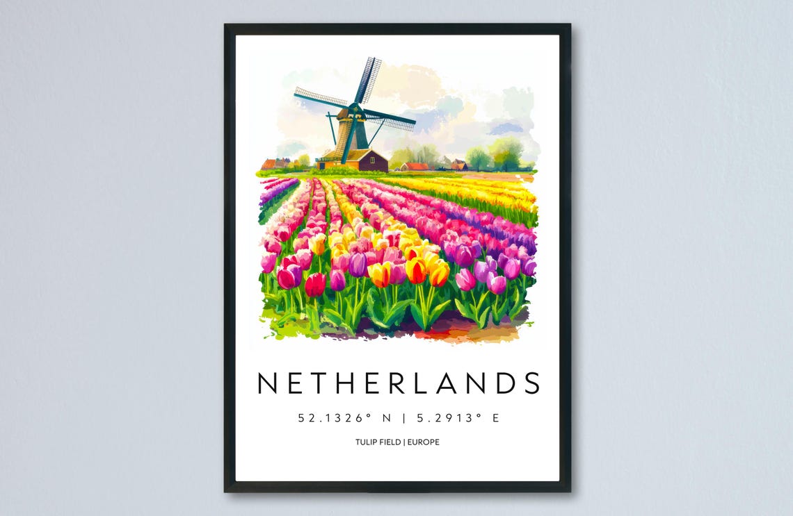 Netherlands Tulip Field Windmill Dutch Spring Watercolor Poster