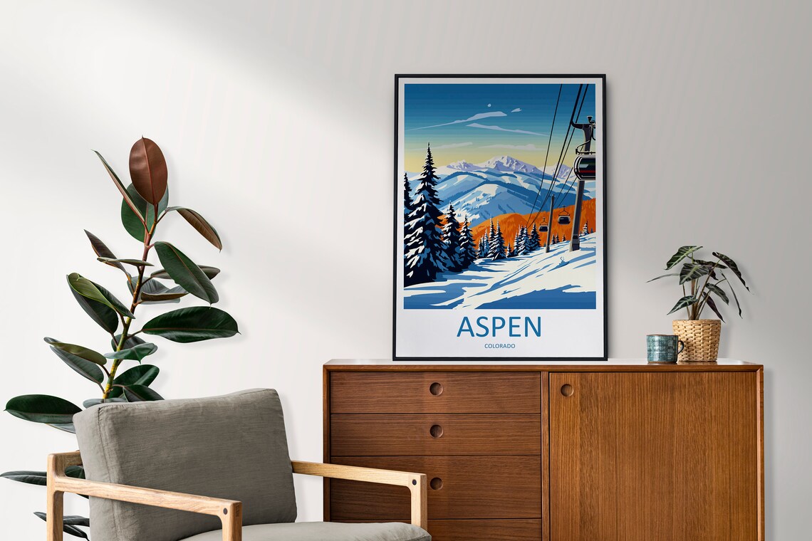 Aspen Colorado Gondola Snowy Peak Ski Resort Travel Poster USA - Image 2