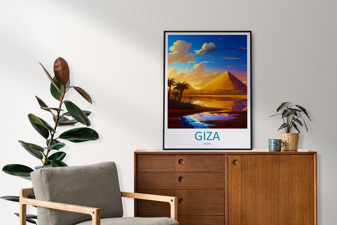 Giza Egypt Sunset Pyramid Palm Reflection Golden Travel Poster - Image 2