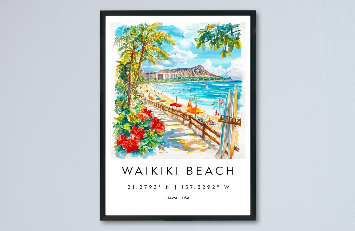 Waikiki Beach Diamond Head Surfboards Watercolor Hawaii Poster